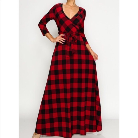 New Gingham print v-neck A-line Maxi dress - Picture 2 of 8